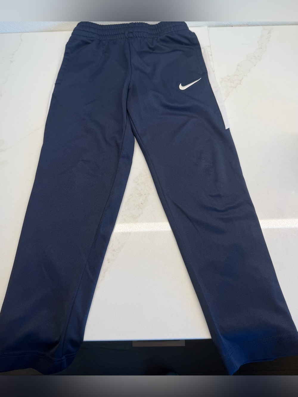 Nike Boys Track Pants Size 7 Navy Blue White Athletic Joggers Zip Ankle